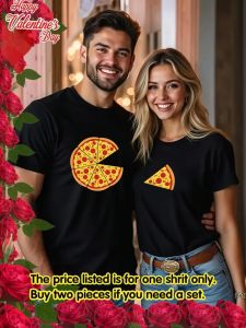 His & Hers Pizza Graphic Tees - Soft Cotton- Casual Round Neck Short Sleeve T-Shirts for Couples