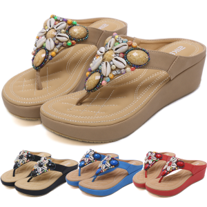 35-42 Summer Platforms Slides Women Sandals Thick Heels Shoes Wedges Nationality Sandals Slipper Daily Wear Bead Shoe Beach Sandal Office Wear