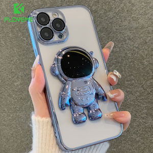 [With Lens Film+Bracket] FLOVEME Plating Astronaut Clear Phone Case For iPhone 14 13 12 11 Pro Max 8 7 Plus X XR XS Max With Folding Stand Lens Protective Film Soft TPU Bumper Back Cover