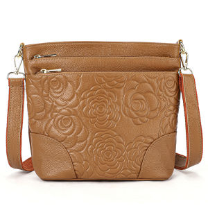 EDERN Genuine Leather Womens Shoulder Bag Fashion Flowers Embossed Crossbody Bags Ladies Sling Bag Cowhide Leather Bucket Bag