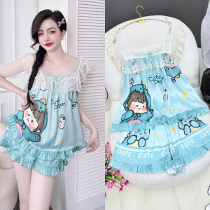 Đồ Ngủ Nữ HEUN YOUNG Đồ Bộ Nữ Mặc Nhà Lụa Latin Ren Cánh Tiên In Hình Freesize 40-65kg TN01