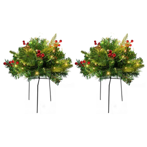 Pack of 2 Artificial Christmas Tree With LED Lights and Metal Base Realistic Pine Red Berries for Indoors Outdoor Holiday Decoration