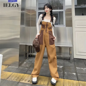 IELGY Contrast Color Stitching Strap Womens Jeans Summer Thin High Waist Loose Straight Trousers