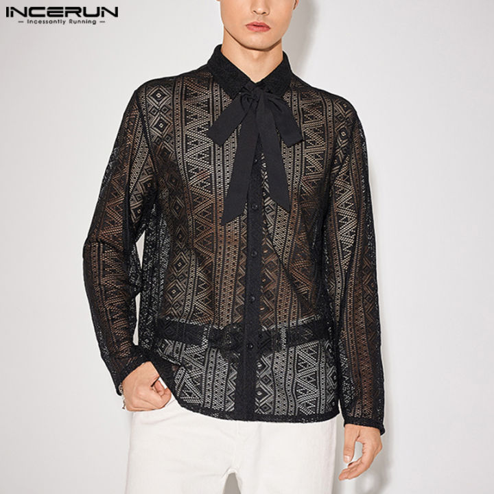 INCERUN Mens Lace Shirt Long Sleeve Button Down Party Floral Tops