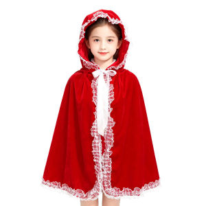 Velvet Hooded Cloak Cape Cosplay Cloak Kids Velvet Cape Girls Lace Performance Costume Fancy Dress Up