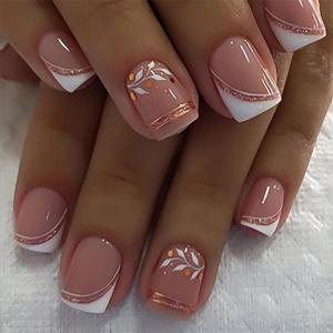 24 Pcs French Tip Full Cover False Nail Leaf Press On Nail Short Square Stick On Nail Acrylic Nail for Daily