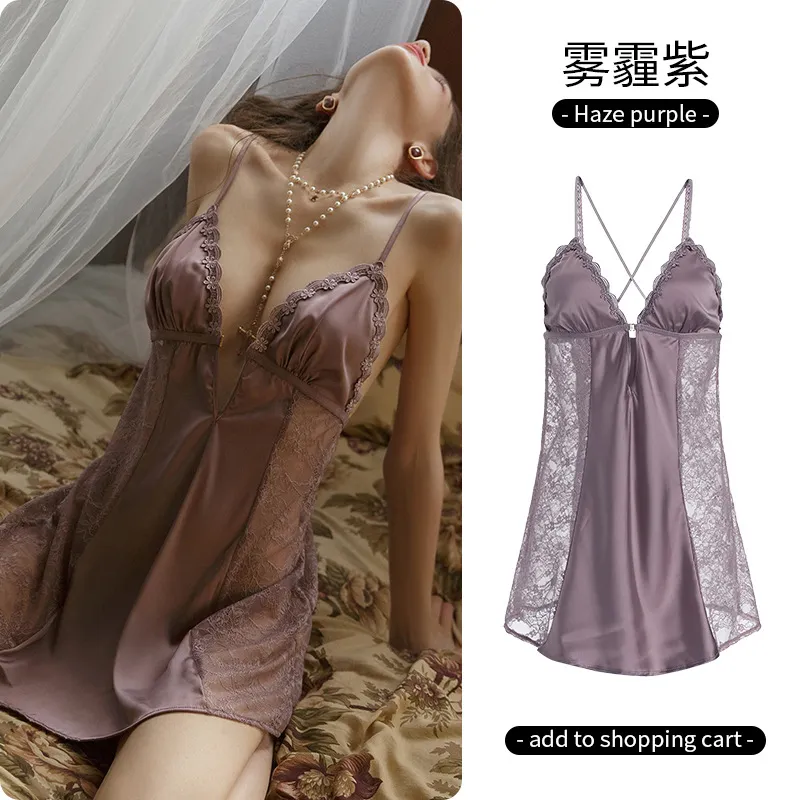 Justtoi. Summer Lingerie Women for Sex New Sexy Nightie Pajamas Women's  Hollow Cross Beautiful Back V-neck Front Button Short Skirt Transparent Hot  Lace Ice Silk Thin Suspender Nightdress