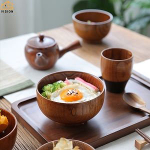 Vision Japanese Style Hand-made Wooden Bowl Natural Wood Salad Bowl Solid Wood Food Bowl For Fruit Salad Pasta Environmental Protection Family Dining bowl Kitchen