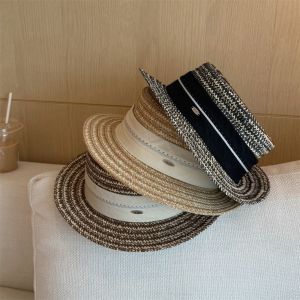 Sweet Boho Flat Top Straw Hat Wide Brim Visor Weave Hat Hollow Out Korean Style Beach Hat Outdoor