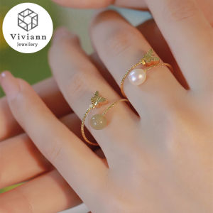 Viviann Original Hetian Jade Pearl Ring Fashion Design Onyx Open Adjustable Ring Emerald Hetian Jade Rings Green Jewelry Jasper  Finger Ring for Women Gift Adjsutable Retro Ring