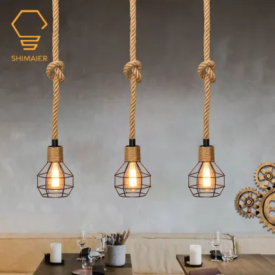 Pendant Light Retro Industrial Hemp Rope Drop Light American Farmhouse Hanging Light Personality Creativity Chandellier Small Cage Ceiling Lights for Kitchen Island Bedroom Living Room Bar Cafe Loft Decorative Fixtures
