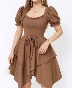 Jer Jen Kyline Elegant Puff Sleeve Layer Asymmetric Cut Corset Vintage Style Formal Dress for Special Events Crepe Fabric Knot Detail
