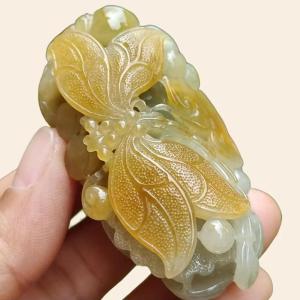 Super Rare High Quality Light Green and Yellow Natural Type A Jadeite Jade crafted with Dragonfly and Ruyi as Pendant certificate weighs 60.60 grams measurement 60 * 32.1 * 22.3 mm (pendant260)