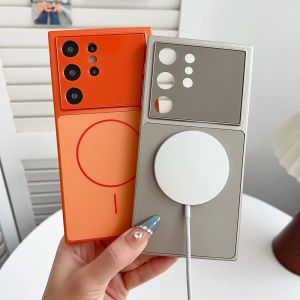 Luxury Matte For Magsafe Glass Phone Case For Samsung S25 S24 S23 Ultra Magnetic Wireless Charge Bumper Orange Shockproof Cover