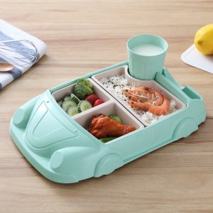 SUNNY BAR with Cup Car Shaped Dinner Plate Compartment Detachable Feeding  Food Tray Household Bamboo Fiber Childrens Lunch Plate Kids