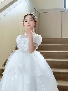 Đầm công chúa bé gái thiết kế cao cấp cho bé đi dự tiệc phù dâu sinh nhật tùng dài trắng tay bồng DBG125