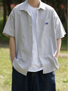 iymuymn Mens Striped Short Sleeve shirt  Loose Korean Style Casual TOP