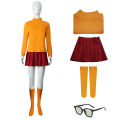 Movie Scoob! Velma Dinkley Cosplay Costume Scooby Doo Velma Dress Skirt Socks Glasses Outfit Velma Short Hair Wig Halloween Carnival Uniform Dress. 