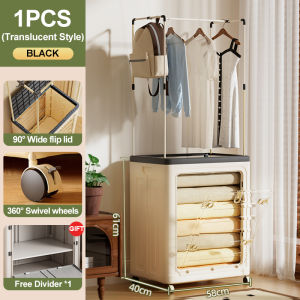 PP Large Capacity Foldable Clothes Organizer  Bin With Rod Transparent Storage Box With Wheels