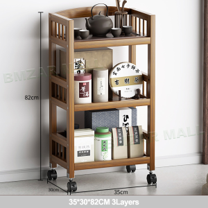 LACCOHUG Bamboo Tea Trolley 35/50/70CM Brown Living Room Household Storage Shelf Wooden Rack With Wheels