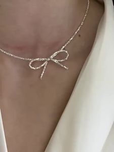 Viviann original s925 sterling silver shattered silver bow necklace with female crowd design explosive collarbone chain and neck chain