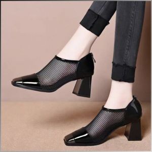 Spring womens mesh square toe high heels thick heels deep-cut single shoes womens leather shoes spring new square toe high heels thick heels deep-cut single shoes