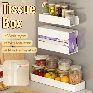 Split-type Tissue Box Dustproof Design Wall Mounted Non Perforated Kitchen Storage Rack Tissue Holder