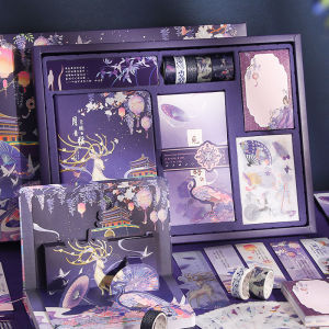 SIMNO 154pcs Chinese Style Creative Hardcover Diary Notebook Sticker Washi Tape Notes Book Set Cute Cartoon Journal Notepad Gift Box Set