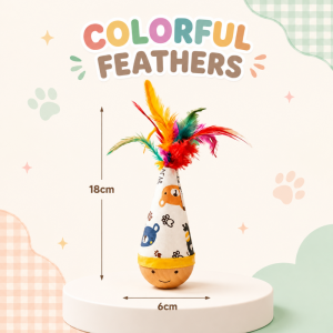 Wooden Wobble Cat Toy with Feather Top Interactive Cat Toy Self-Righting Tumbler for All Breed Sizes