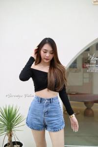 #6019 Barbie pants กางเกงขาสั้นขาเว้าบาบี้ ยีนส์ขาสั้นเอวสูง เนื้อผ้าเกรดดี ผ้าไม่ยืด ขาเว้า