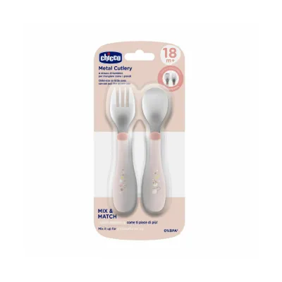 CHICCO METAL CUTLERY ชุดช้อนส้อมฝึกทานอาหารด้วยตัวเองเด็ก 18 เดือนขึ้นไป BPA-Free สีชมพู & ฟ้าเทอคอยซ์ ดีไซน์น่ารัก