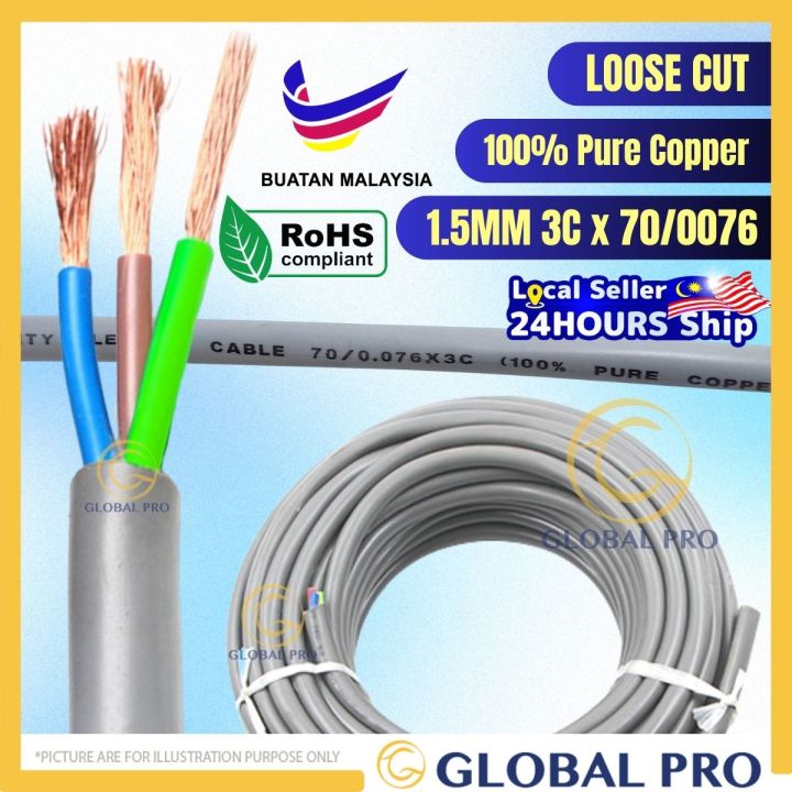 LOOSE CUT 1.5MM 3 Core X 70/0076 Full Copper Made In MALAYSIA Flexible ...