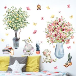 Decal trang trí tường - Bình hoa nở rộ cùng đàn bướm xinh