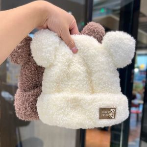 LUMINOU Thickened Plush Beanie Hat Solid Color Cute Bear Ear Knitted Warm Cap Casual Ear Protection Winter Beanie Cap For Women