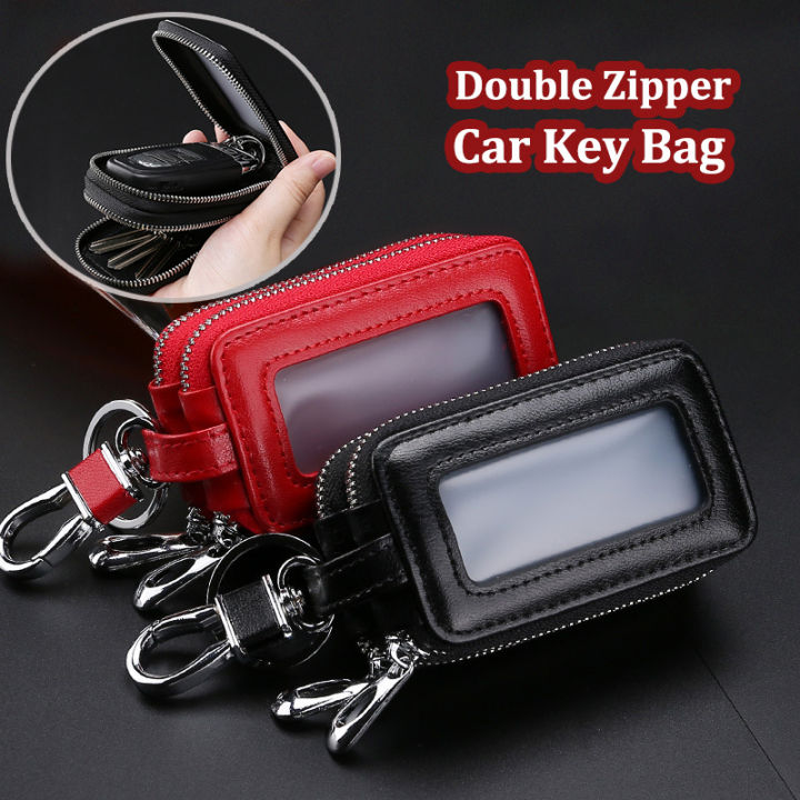 NEW Genuine Leather Key Wallets Double Zipper Car Key Bag