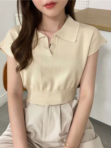 yoyomall เสื้อครอปคอปก สีพื้น ไหมพรม ผ้านิ่มยืด ใส่สบายมาก ครอปทรงสวย จั้มเอว แต่กระดุม #016