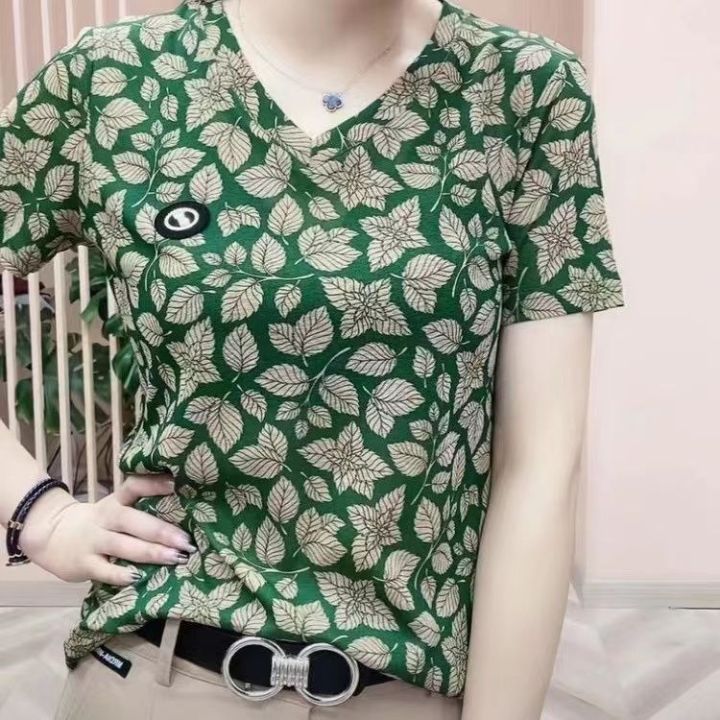 2024 New V Neck Short-sleeve Women Shirt Printed main image 1