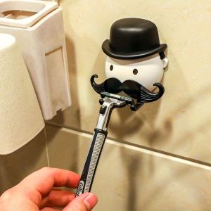 Wall-Mounted Beard Shaver Holder with Suction Cup – Gentleman Design No-Drill Installation Black & White Mustache Theme Compact Bathroom Organizer for Shavers and Razors