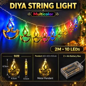 SG Ready Stock Diya Ganesha Deepavali Lights 2M 10LED Metal Battery Powered Multicolor Warm White Festive Decor