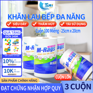 Combo 3 Cuộn Khăn Lau Bếp Đa Năng Timi M-Rags Siêu Thấm Hút Tái Sử Dụng (100 Miếng/Cuộn) - Made In Vietnam