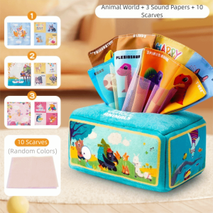 OUTOPEAN with Sensory Crinkle Paper Baby Tissue Box Toy Education Montessori Pulling Game Children Cloth Toys Cartoon Finger Exercising Baby Tearing Tissue Box 6-18 Month