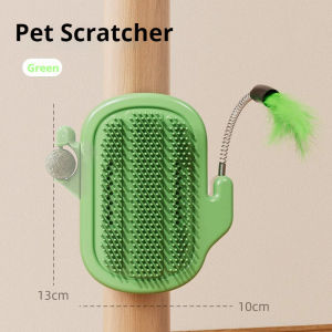 3-in-1 Wall-Mounted Cat Rub Groomer Cat Corner Scratcher with Massage Comb Interactive Cat Toy with Ball & Feather Teaser Self-Grooming Brush for Kitten Cat Hair Remover & Scratcher Pad for Indoor Cats Pet Grooming Tool