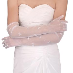 Romance Wedding Gloves Seethrough Lace Arm Sleeves With Decorative Bowknot Long Gloves for Bridal Shower Formal Occasion