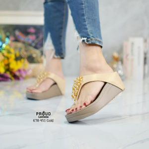 678-951 รองเท้าเสริมส้นสูง2.5นิ้ว คีบพู่ชาช่าคริสตัลสวยหรูน่ารักฟรุ้งฟริ้ง