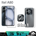 3IN1 TEMPERED GLASS BLUE ITEL A80 BONUS LENSA CAMERA+GARSKIN CARBON. 