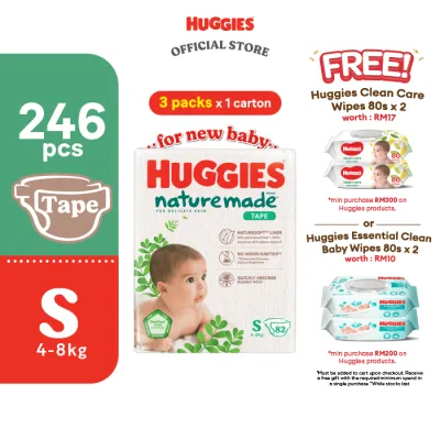 Huggies Naturemade Tape Diapers NB60/S82 (3 Packs) - No harmful chemicals super premium diapers for baby