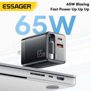 Essager PD65W GaN Type C USB A Charger With Retractable Flexible Stretchable Quick Charge Type C Cable PD3.0 QC 4.0 C+C+A Plug For Laptop Tablet iPhone16 15 ipad Macbook HuaweiMate70 Xiaomi15 Samsung Fast Charge Built-in Retractable C Cable +C+A Chargers