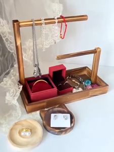 Mishilei Wooden Jewelry Organizer Stand Double Layer Necklace Bracelet Hooks Rak Aksesori Meja