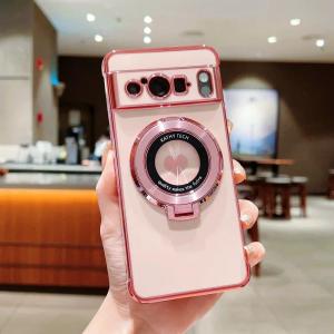 Luxury Bracket Case for Google Pixel 8 Pro 8A 7A Love Heart Ring Holder Plating Silicone Cover for Pixel 9 10 Pro XL