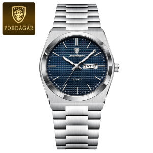 POEDAGAR Luxury Watch for Men Stainless Steel Business Female Wristwatch Luminous Date Week Waterproof Casual Military Mens Watches